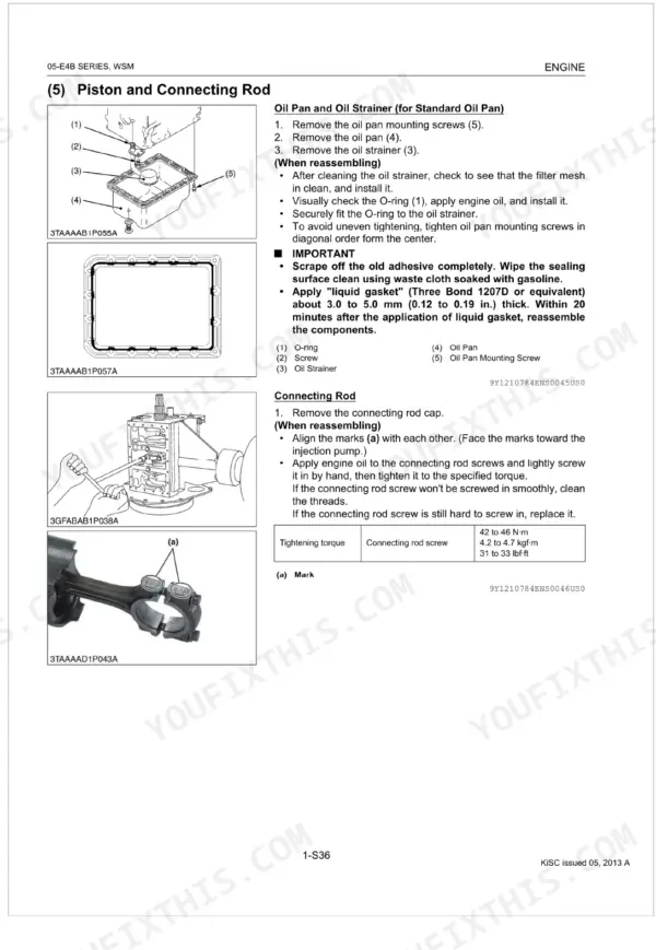Kubota E4B Series piston and connecting rod removal procedure, oil pan strainer disassembly, connecting rod screw torque 42-46 N·m