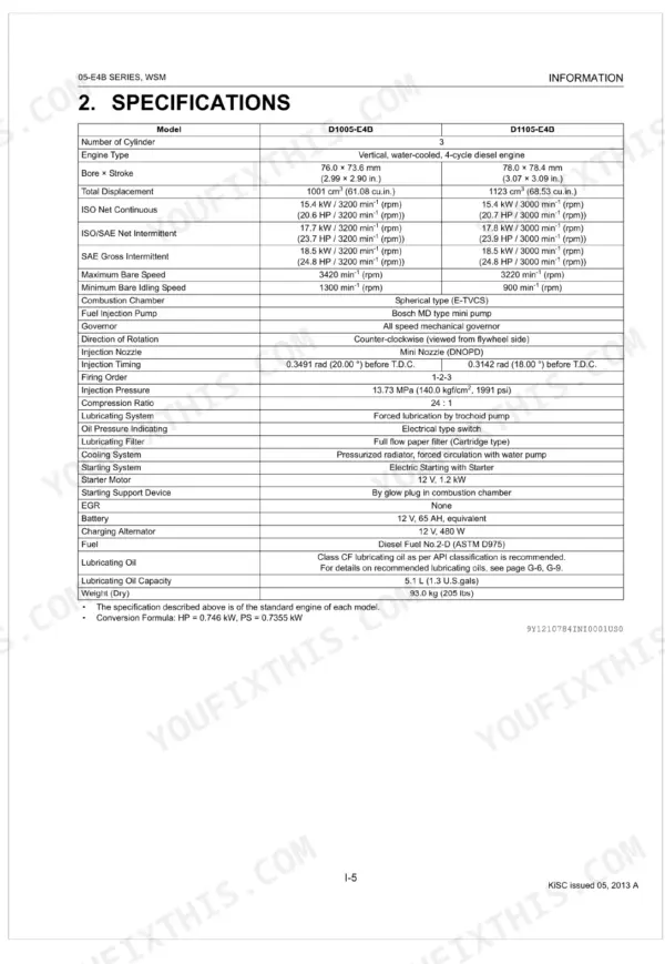 Kubota D1005-E4B D1105-E4B D1305-E4B V1505-E4B engine specifications table with torque and clearance values