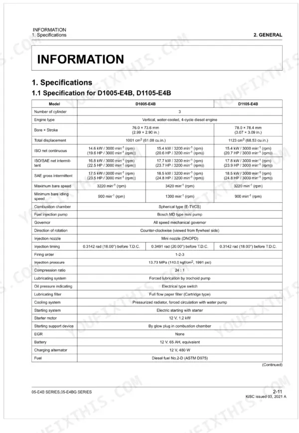 Kubota D1005-E4B D1105-E4B engine specifications table: bore, stroke, displacement, power, injection timing