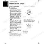 Kubota D1403-EBG, V1903-EBG, D1703-EBG, V2203-EBG engine operating manual, starting procedure, fuel lever and key switch diagrams.