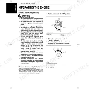 Kubota D1403-EBG, V1903-EBG, D1703-EBG, V2203-EBG engine operating manual, starting procedure, fuel lever and key switch diagrams.