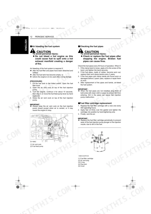 Kubota D1403-EBG, V1903-EBG, D1703-EBG, V2203-EBG fuel system air bleeding, pipe inspection, and filter replacement procedures.