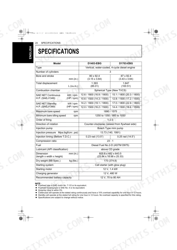 Kubota engine specifications table for the D1403-EBG and D1703-EBG models.
