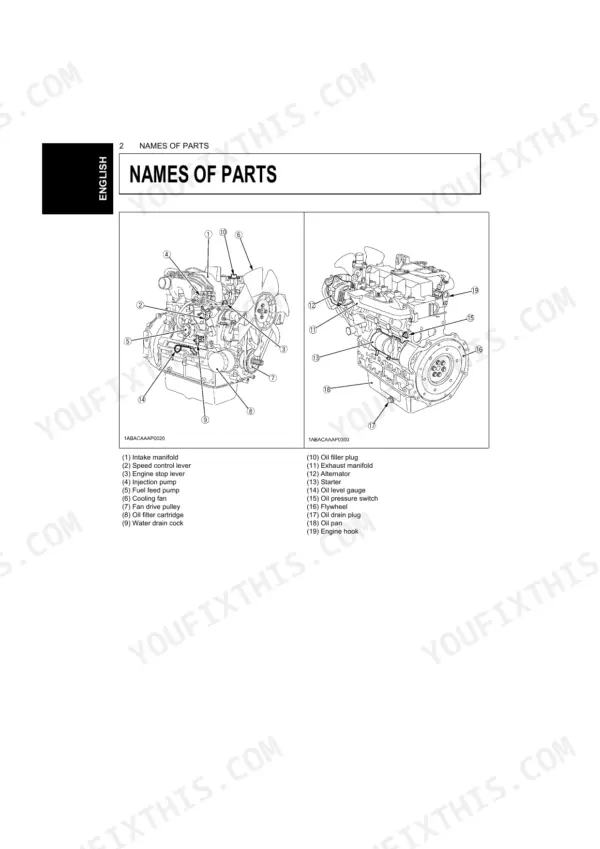 Kubota D1503-M-E, D1703-M-E, D1803-M-E, V2003-M-E, V2203-M-E, V2003-M-T-E, V2403-M-E engine parts identification diagram.
