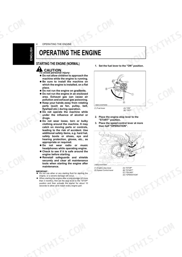 Kubota D1503-M-E, D1703-M-E, D1803-M-E, V2003-M-E, V2203-M-E, V2003-M-T-E, V2403-M-E engine starting procedure and safety guide.