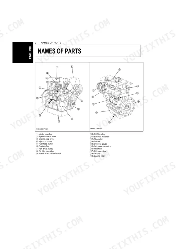 Kubota D1703-M-DI-E4 engine parts diagram identifying intake manifold, alternator, starter, and oil filter components.