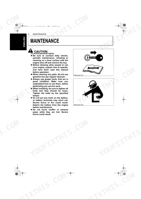 Kubota D1803-M-DI-E3, V2403-M-DI-E3 maintenance safety precautions, warning icons, and service manual instructions.