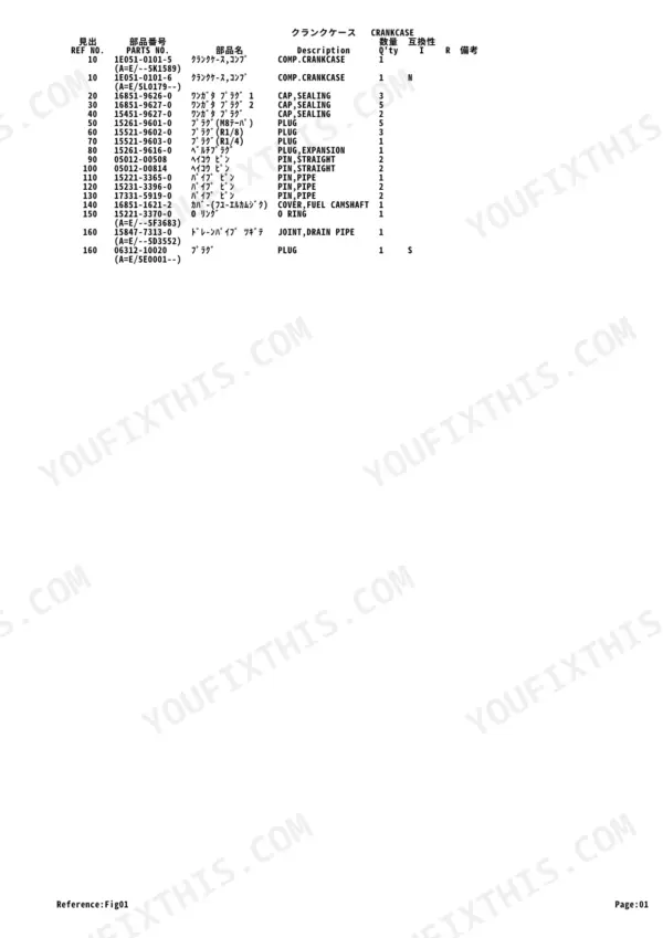 Kubota D782-E2B-BHTU-1 parts list table for crankcase components including sealing caps, plugs, and pipe pins.