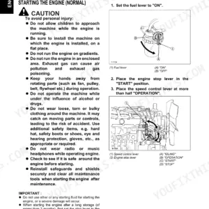 Kubota D905-E, D1105-TE, V1305-E, D1005-E, V1205-E, V1505-E, D1105-E, V1205-TE, V1505-TE engine starting safety procedures.