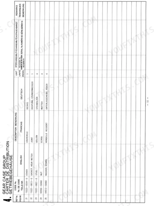 Kubota D950-BBS-1 parts list table for Gear Case Group, including cover, hour meter gasket, studs, nuts, and washers.