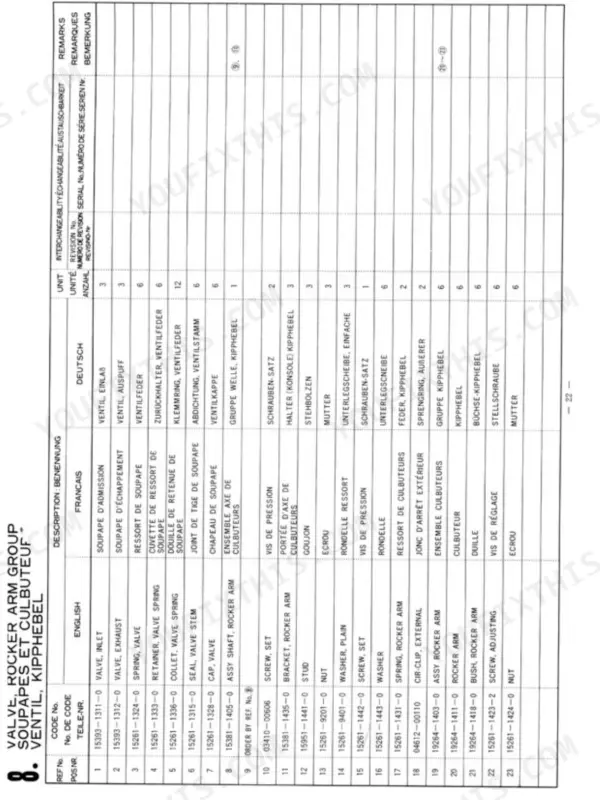 Kubota D950-BBS-1 parts list for valve rocker arm group, including valve, spring, and rocker arm component codes.