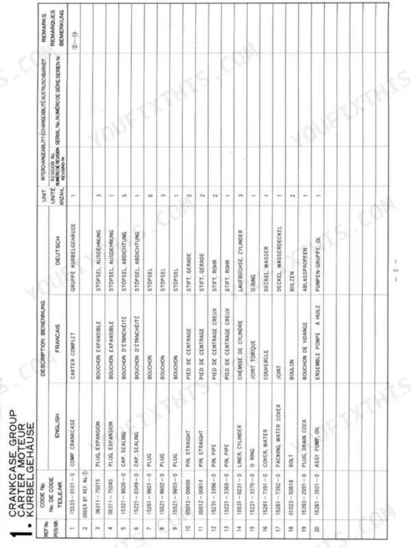 Kubota D950-BBS-1 parts list table for Crankcase Group components including plugs, pins, liners, and oil pump assembly.