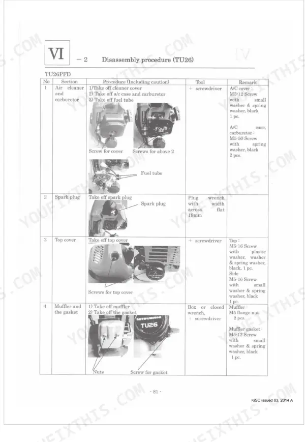 Kubota DM262-S, DM262-W, DH264-S, DH264-W, DM332-S, DM332-W TU26 engine disassembly procedure table for air cleaner, spark plug, and muffler.