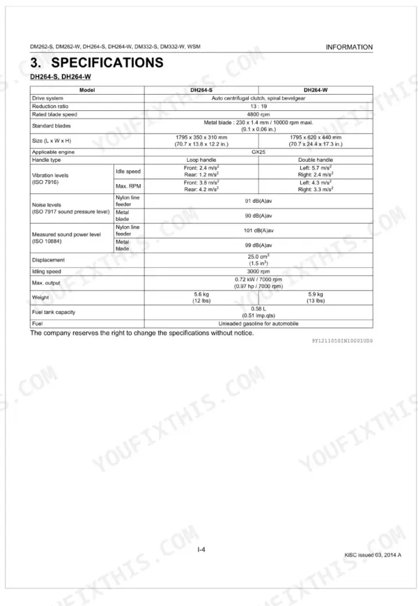 Kubota DM262-S, DM262-W, DH264-S, DH264-W, DM332-S, DM332-W specifications table for DH264-S and DH264-W mower models.
