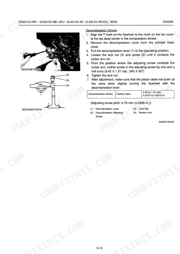 Kubota EA300-E2-NB1, EA300-E2-NB1-APU, EL300-E2-AR, EL300-E2-AR-KCL decompression device adjustment procedure and diagram.