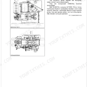 Kubota EA330-E3 SERIES engine feature diagrams showing external view and internal cross-section of the diesel engine.