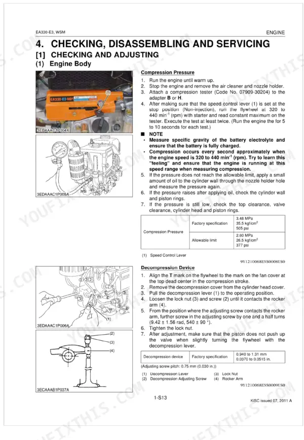 Kubota EA330-E3 SERIES engine compression pressure testing and decompression device adjustment procedures.