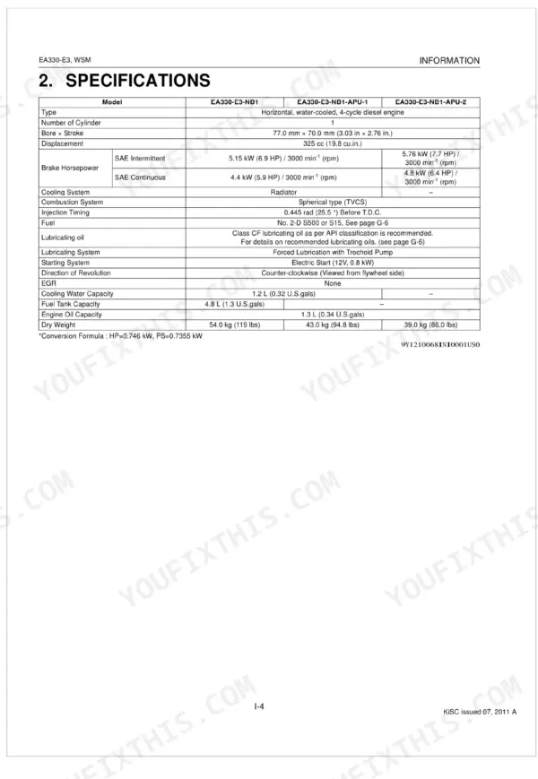 Kubota EA330-E3 SERIES engine specifications table including bore, stroke, displacement, and horsepower ratings.