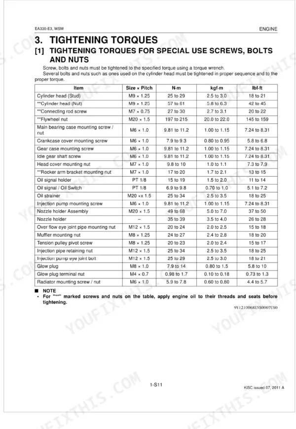Kubota EA330-E3 SERIES engine tightening torque specifications table for special use screws, bolts, and nuts.