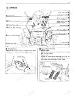 kubota-f2000-front-mower-operator-manual-7661762110-controls-17.webp Kubota F2000 operator controls diagram showing pedals, gear levers, throttle, and seat adjustment locations.