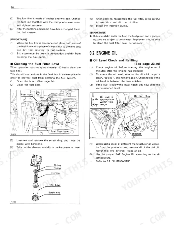 Kubota F2000 service manual page showing fuel filter bowl cleaning and engine oil level check procedures with diagrams.