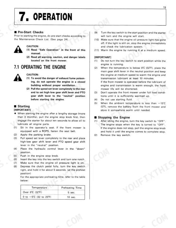 Kubota F2000 operator manual page 19 covering engine starting, stopping procedures, and preheating time table.
