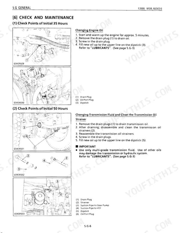 Kubota F2000 maintenance procedures for changing engine oil and transmission fluid, including oil strainer cleaning steps.