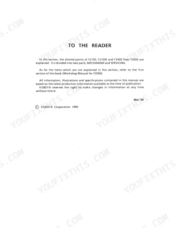 Kubota F2000, F2100, F2100E, F2400 workshop manual To The Reader introduction page explaining model differences.