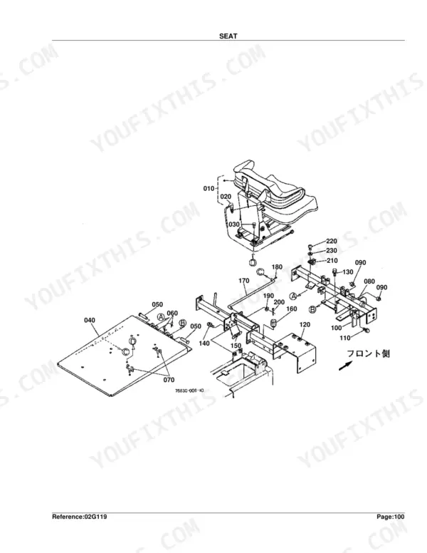 Kubota F2400, F2100 exploded view diagram of the operator seat assembly, mounting brackets, and floor plate components.