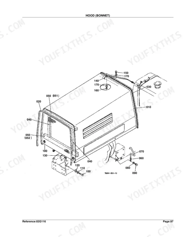 Kubota F2400, F2100 exploded view diagram of the hood bonnet assembly with numbered component parts list.