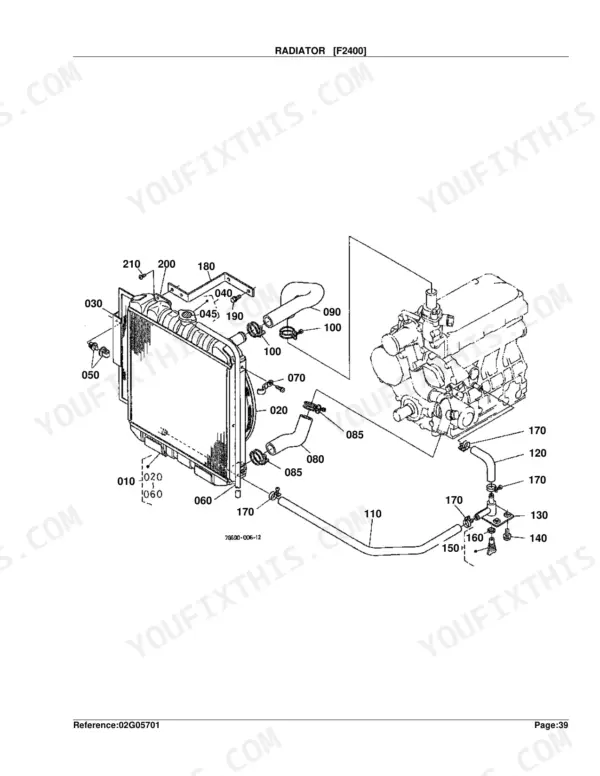 Kubota F2400, F2100 exploded view diagram of the radiator assembly, hoses, and engine cooling system components.