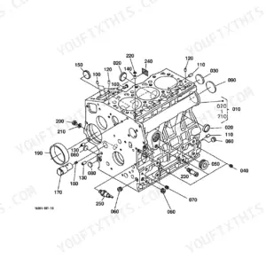 Kubota F2400, F2100 engine crankcase exploded view diagram showing numbered components and assembly parts.