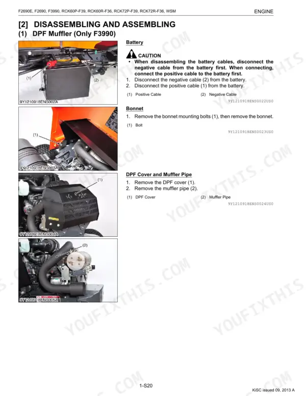 Kubota F2690E, F2690, F3990, RCK60P-F39, RCK60R-F36, RCK72P-F39, RCK72R-F36 manual: DPF muffler removal, battery, and bonnet steps.