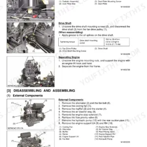Kubota F2880, F2880E, F3680, RCK72P-F36, RCK72R-F36, RCK60P-F36, RCK60R-F36 engine removal, drive shaft, and component disassembly guide.