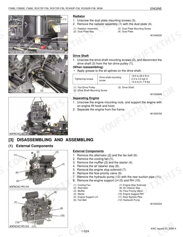 Kubota F2880, F2880E, F3680, RCK72P-F36, RCK72R-F36, RCK60P-F36, RCK60R-F36 engine removal, drive shaft, and component disassembly.