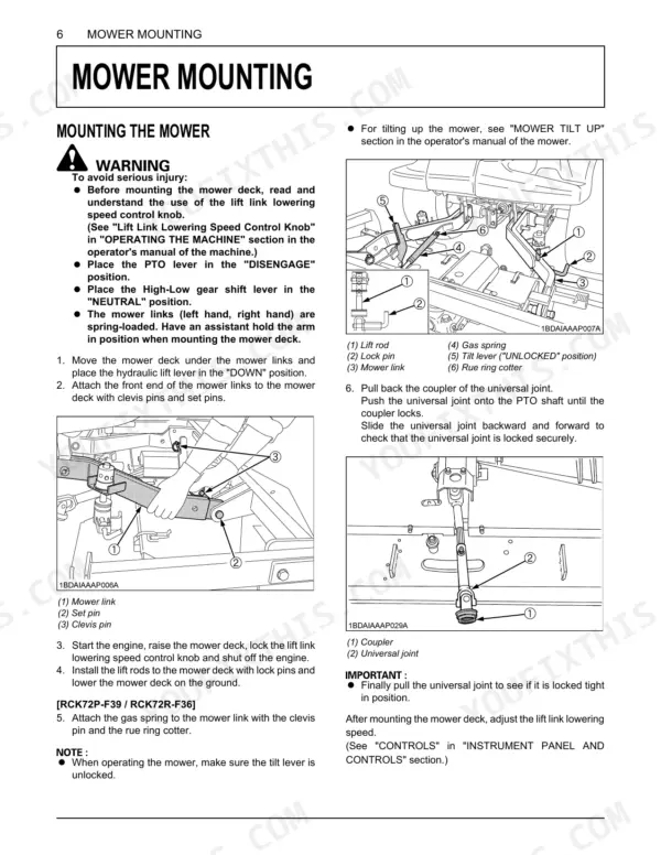 Kubota F2890, F3690 mower deck mounting procedure, lift link, PTO shaft, and universal joint connection diagrams.