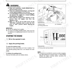 Kubota F2890, F3690 operating the engine, parking brake procedures, and instrument panel warning indicator diagrams.