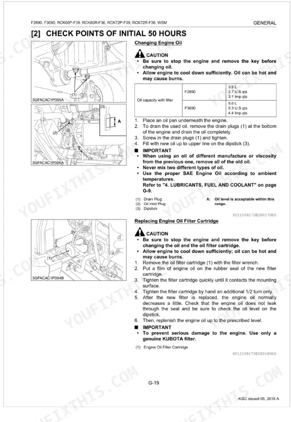 Kubota F2890, F3690, RCK60P-F39, RCK60R-F36, RCK72P-F39, RCK72R-F36 engine oil change and filter replacement procedure guide.