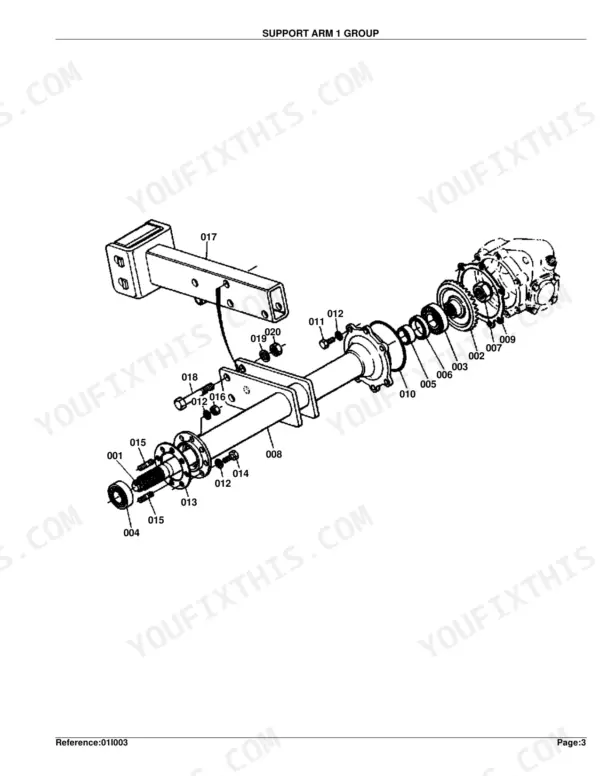 Kubota FL1270(B SERIES) exploded view diagram of the Support Arm 1 Group showing axle and mounting components.