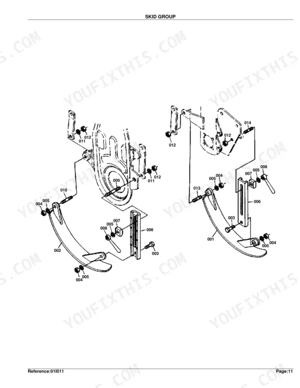 Kubota FL1270(B SERIES) exploded view diagram of the skid group assembly showing mounting hardware and brackets.