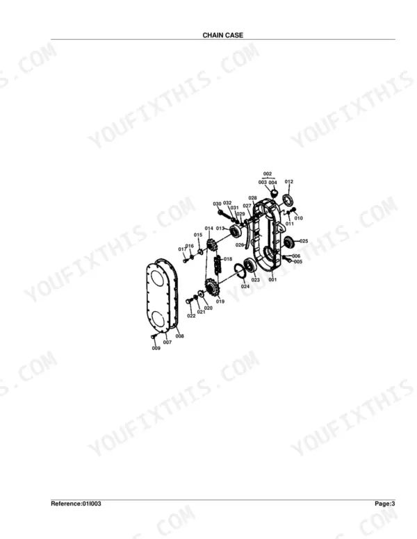 Kubota FL850 exploded view diagram of the chain case assembly showing sprockets, drive chain, bearings, and housing cover.