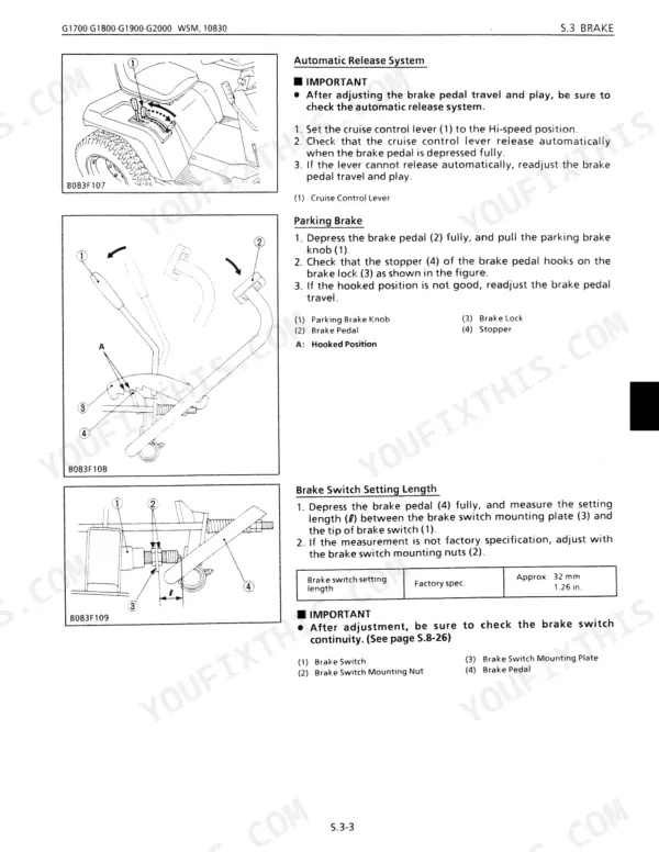 Kubota G1700, G1800, G1900, G2000 brake system procedures for cruise control, parking brake, and brake switch adjustment.