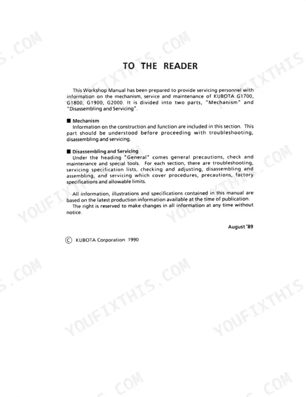 Kubota G1700, G1800, G1900, G2000 workshop manual To The Reader introduction page explaining manual structure.