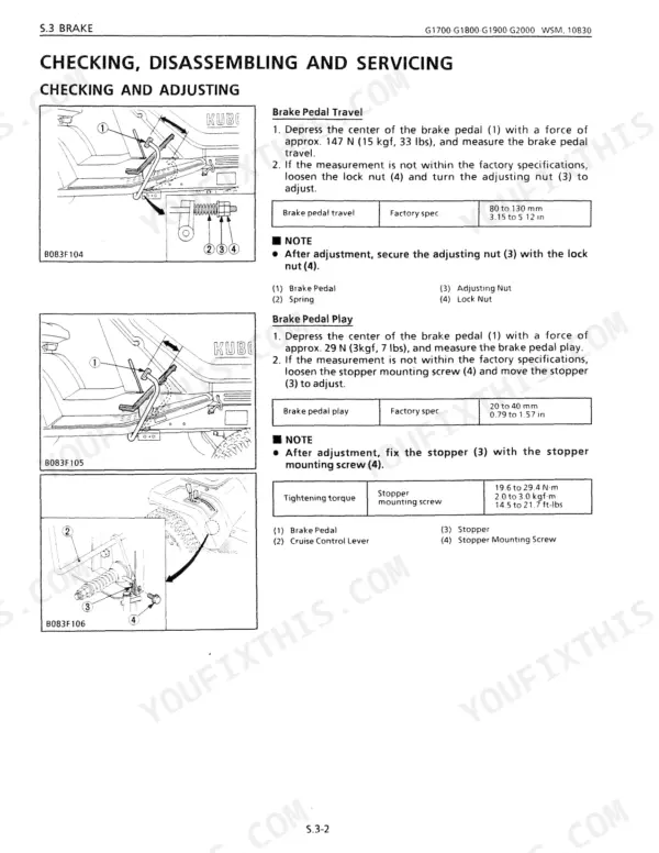 Kubota G1700, G1800, G1900, G2000 brake pedal travel and play adjustment procedures, specs, and stopper torque table.