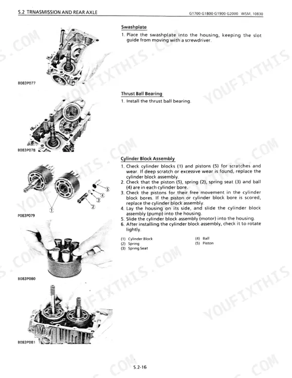 Kubota G1700, G1800, G1900, G2000 transmission repair: swashplate, thrust ball bearing, and cylinder block assembly procedures.