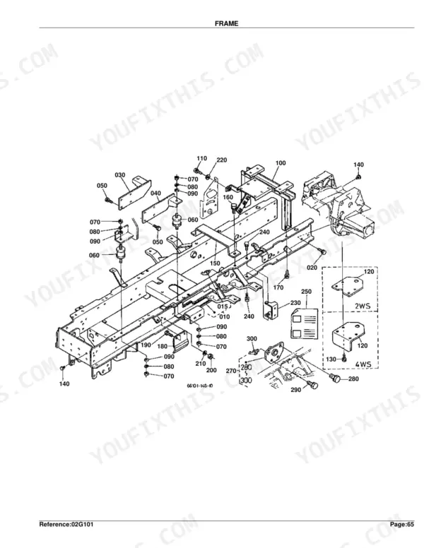 Kubota G1800 exploded view diagram of the main frame assembly, including mounts, brackets, and 2WS/4WS steering components.