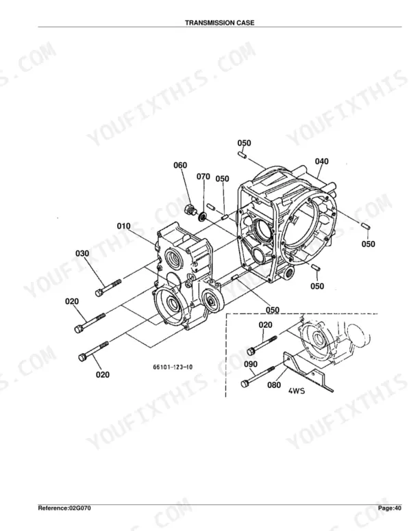 Kubota G1800 exploded view diagram of the transmission case assembly, including bolts, pins, and 4WS component parts.