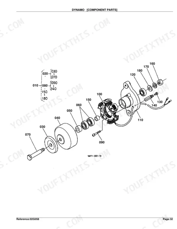 Kubota G1800 exploded view diagram of dynamo component parts including rotor, stator, bearings, and mounting hardware.