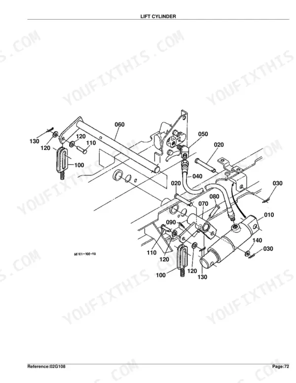 Kubota G1800 exploded view diagram of the lift cylinder assembly, including hydraulic hoses, pins, and mounting hardware.