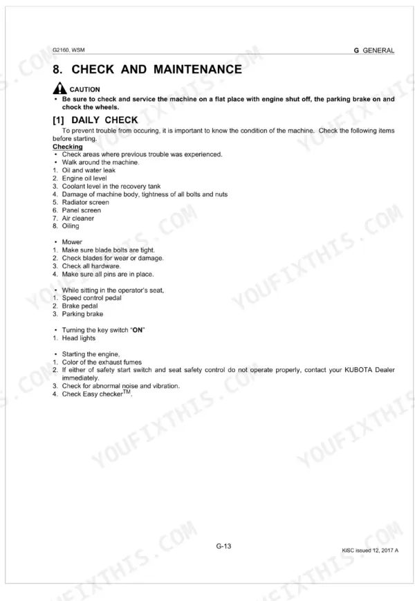 Kubota G2160, G2160-R48S, G2460G daily check and maintenance procedure list for engine, mower, and safety systems.